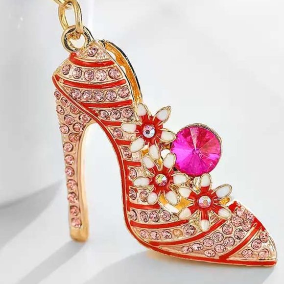 "PINK STRIPED SPIKE HEELS" HANDBAG CHARM PURSE GOLDEN PENDANT 44 - Picture 1 of 3